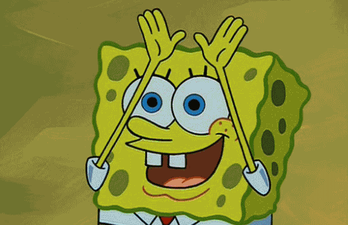 A GIF of SpongeBob waving his hands to create a rainbow and saying "Imagination."