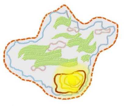 the hand-drawn amoeba with yellow highlighting a circluar area towards its bottom.