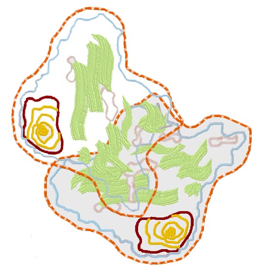 two of the hand-drawn amoeba at right angles and overlapped about 30 percent