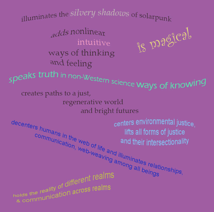 Word map showing a description of lunarpunk in an artful way. Text: illumaties the silvery shadows of solarpunk; adds nonlinear, intuitive ways of thiking and feeling; is magical; speaks truth in non-Western science ways of knowing; crates paths to a just, regenerative wolrd and bright futures; cneters environmental justice, lifts all forms of fustice and their intersectionality; decenters humans in the web of life and illumaties relationships, communication, web-weaving among all beings; holds the reality of different realms & communication across realms.