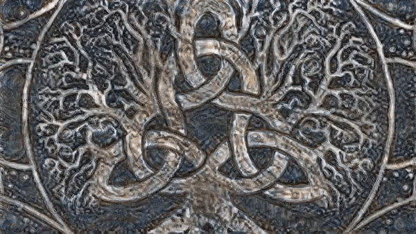 A celtic knotwork combination of the Tree of Life and a Triqutra, presumably made of copper or bronze with blacked out background. The GIF distorts the image in a disturbing manner.