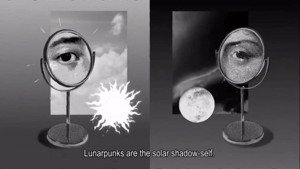 Black and white image of two round mirrors facing each other with a zoomed in eye in each. There is an animated sun near the left mirror and an animated moon near the one on the right. Text in the image says, "Lunarpunks are the solar shadow-self."