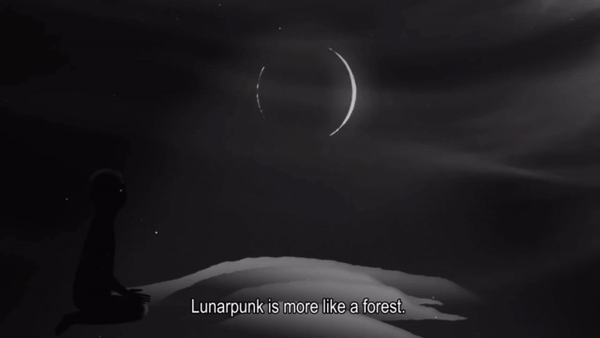 A quarter moon over an animated dancing forest. Fireflies appear in a few of the frames. Text in the image says: "Lunarpunk is more like a forest. A dense cover of encryption protects tribes and offers sanctuary for the persecuted. Wooded groves provide a crucial line of defense. Lunar landscapes are dark. They are also teeming with life."