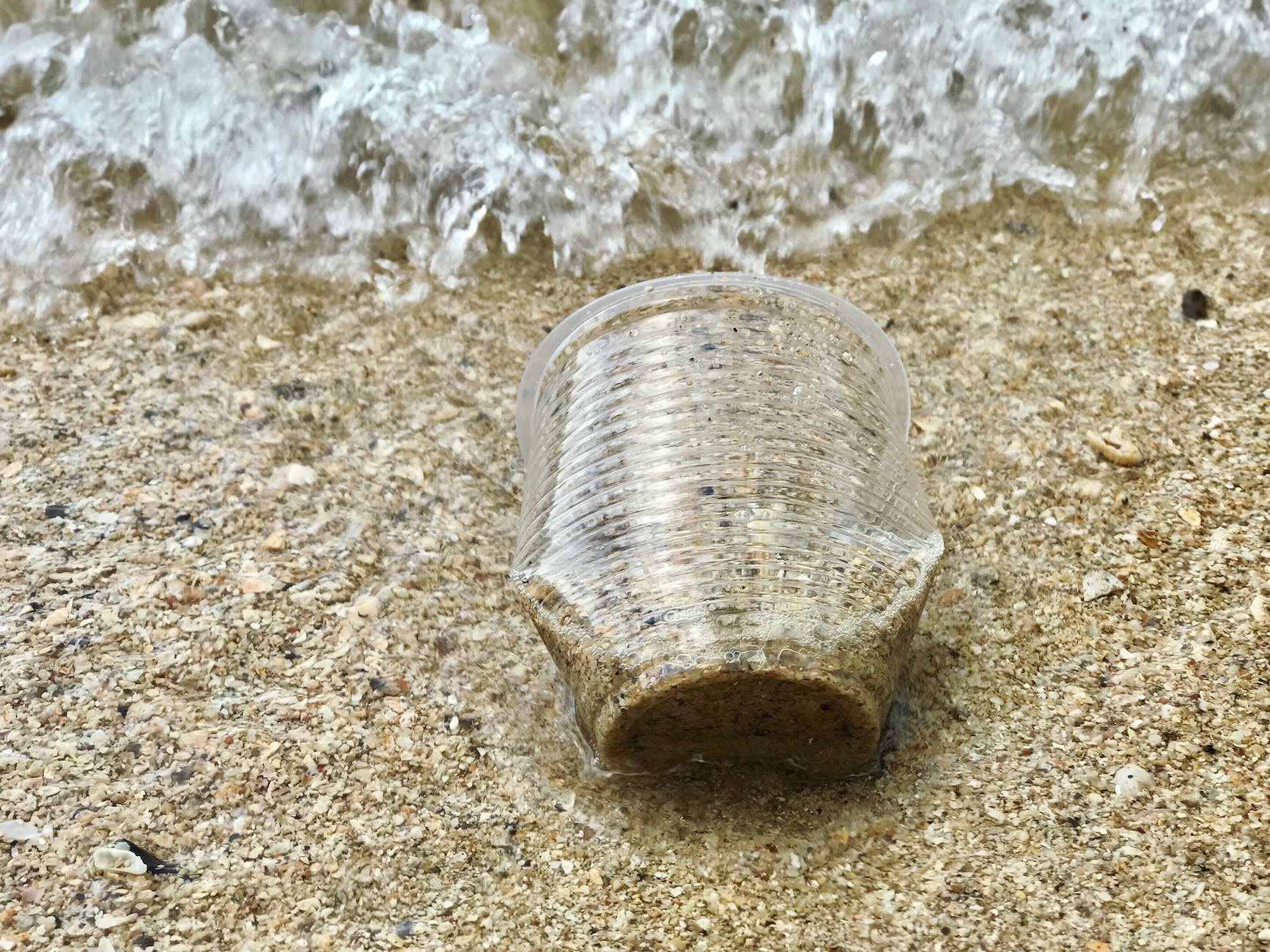 close up photo of a discarded plastic cup on sand